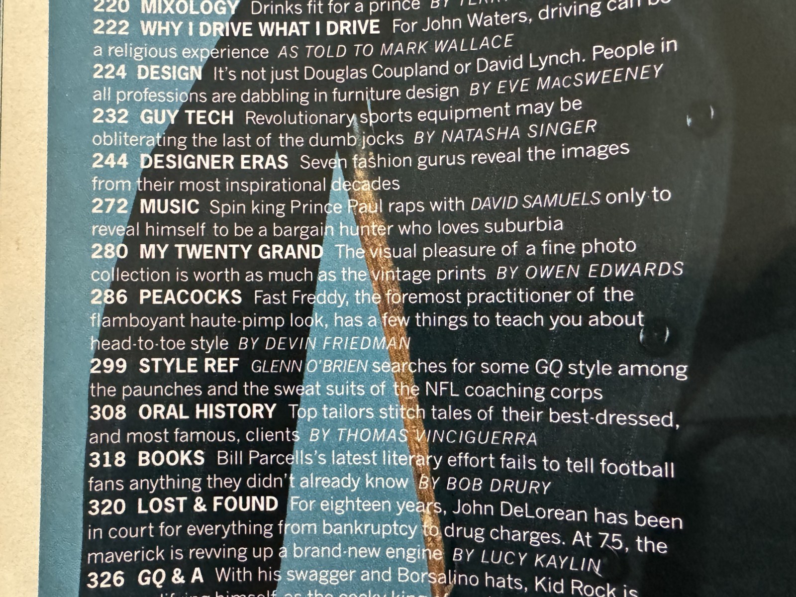 GQ Table of Contents detail — 'Peacocks: Fast Freddy … head-to-toe style, by Devin Friedman'