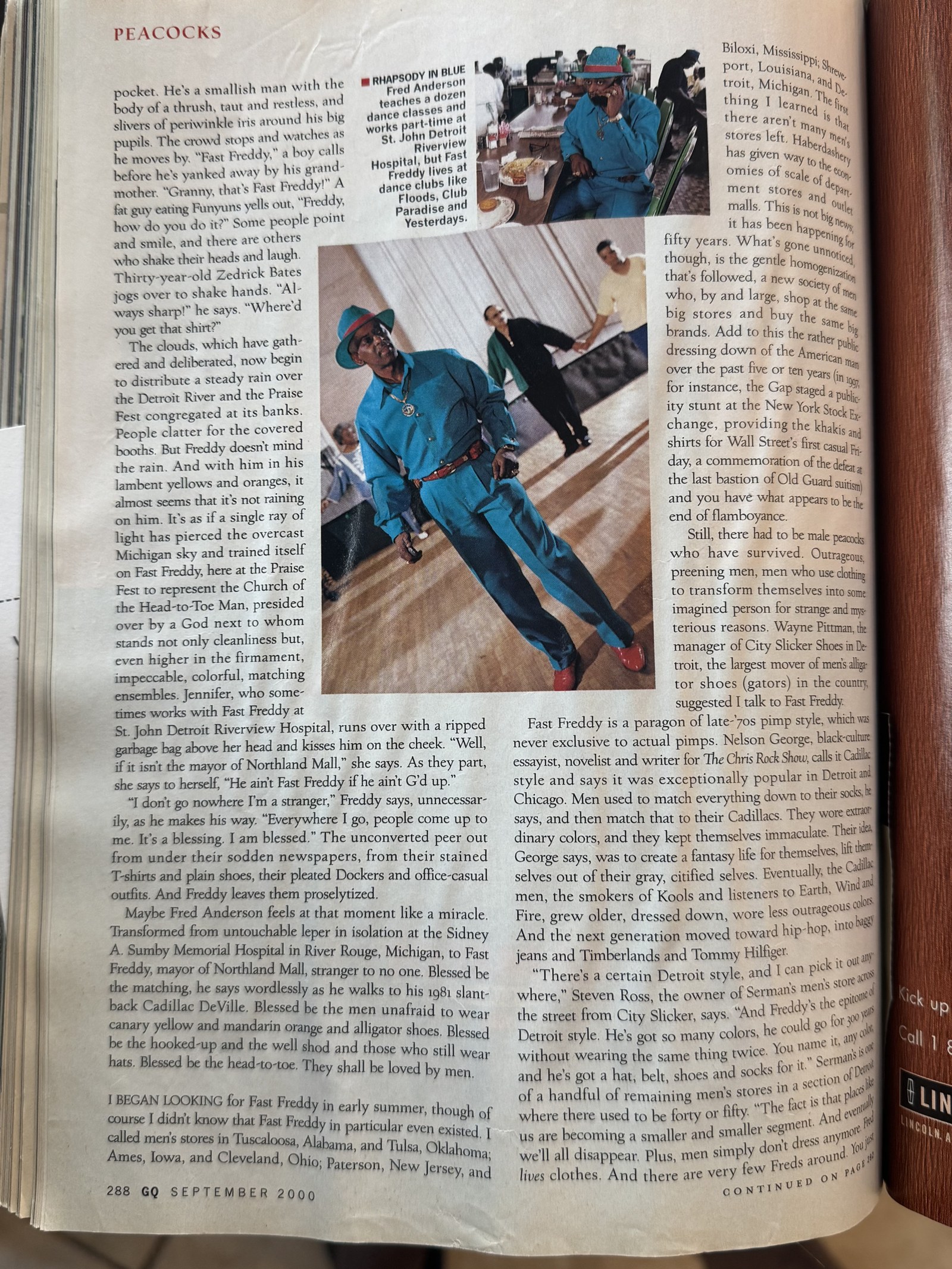 GQ 'Peacocks' feature page — Fast Freddy in a blue ensemble, page 288