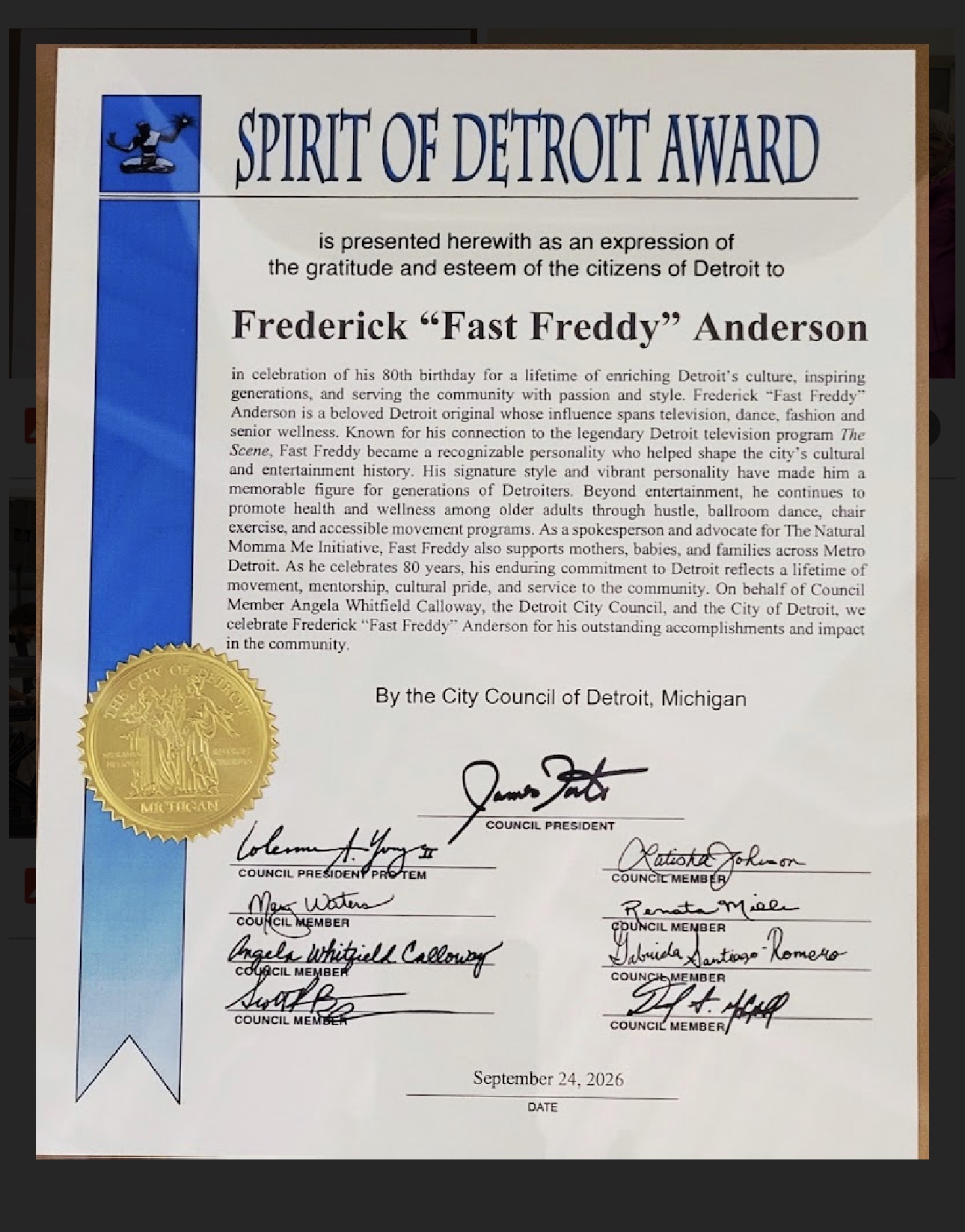 Close-up of the Spirit of Detroit Award certificate presented to Frederick "Fast Freddy" Anderson by the Detroit City Council, September 24, 2026.