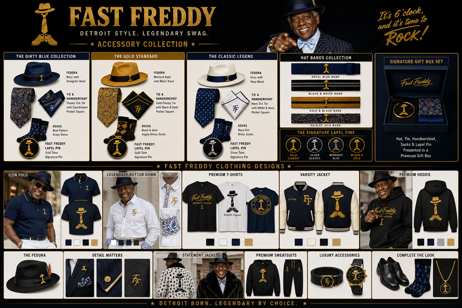 Fast Freddy Accessory Collection lookbook — fedoras, ties, pocket squares, socks, lapel pins, hat bands and premium gift box set
