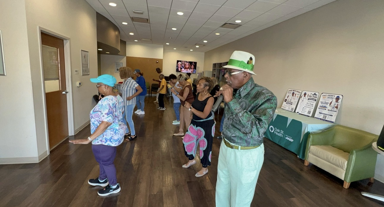 Fast Freddy leading a line-dance class at Oak Street Health