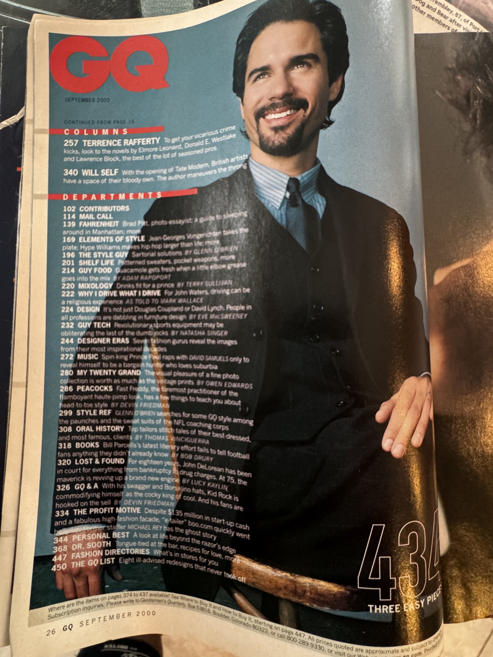 GQ September 2000 — Table of Contents referencing the Peacocks feature on page 286